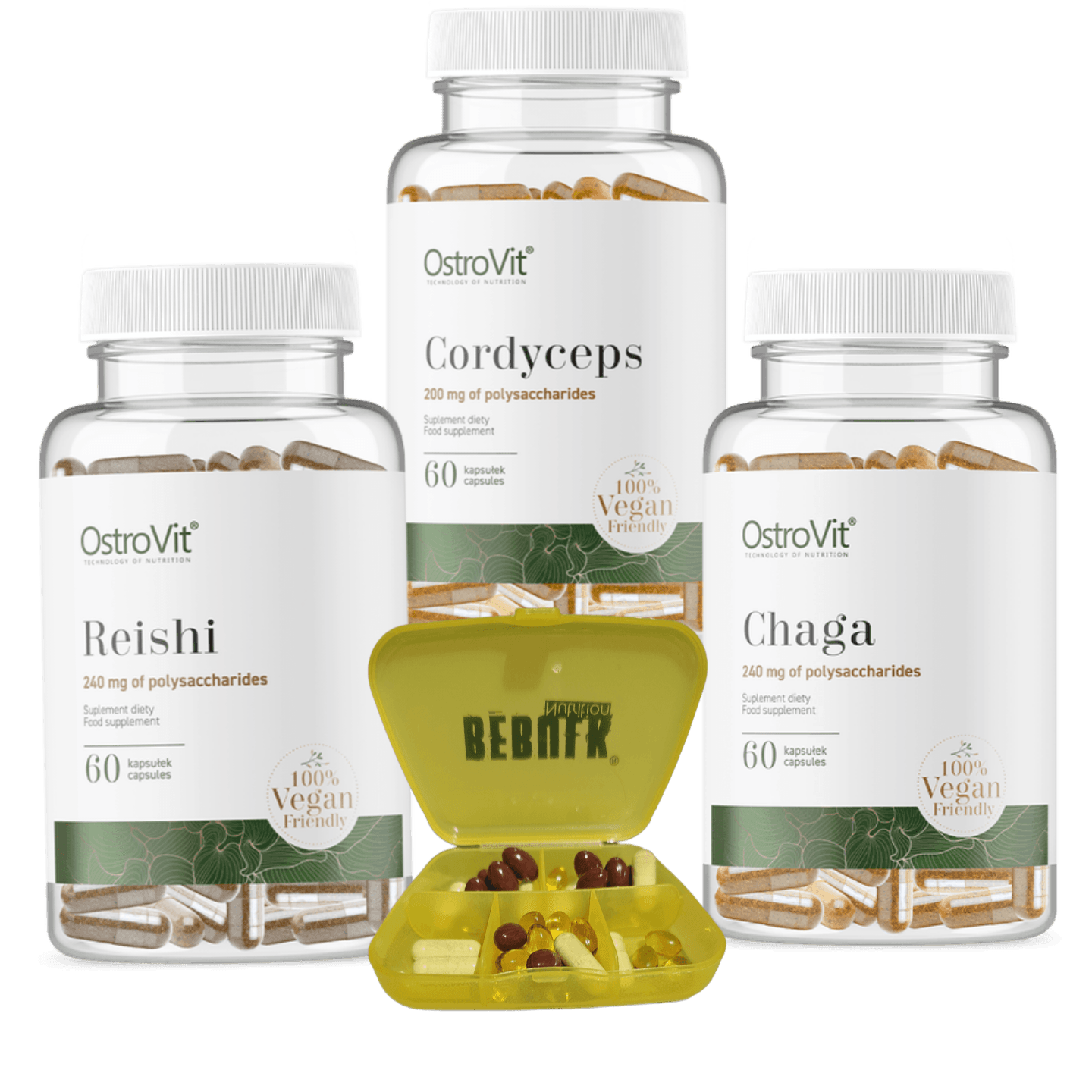 Chaga + Reishi + Cordyceps + BeBulk Nutrition Pillendoos