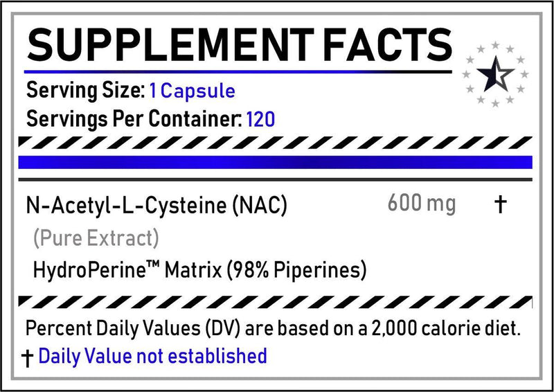 NAC (100% N-Acetyl-L-Cysteine) met HydroPerine™ - 120 Capsules (600mg) - Turkesterone