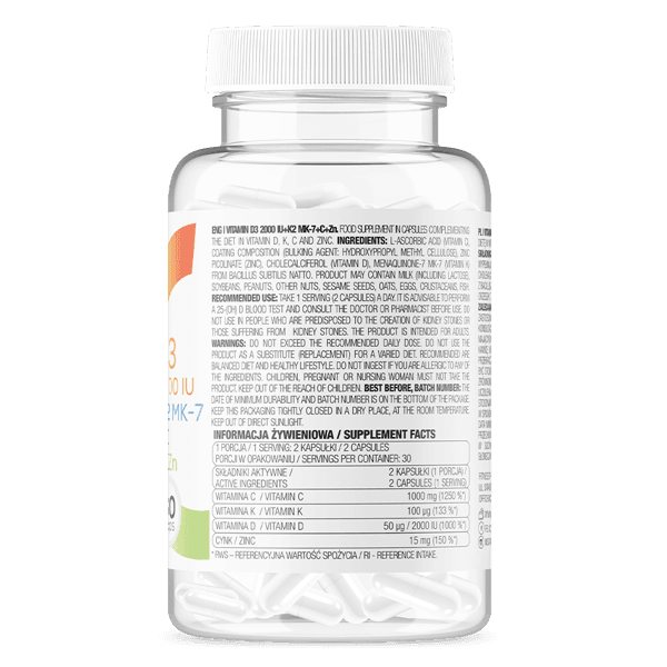 Vitamine D3 2000 IU + K2 MK-7 + Vitamine C + Zink 60 Capsules OstroVit